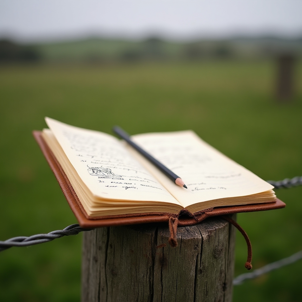 Cuaderno de campo apoyado sobre un poste de alambrado