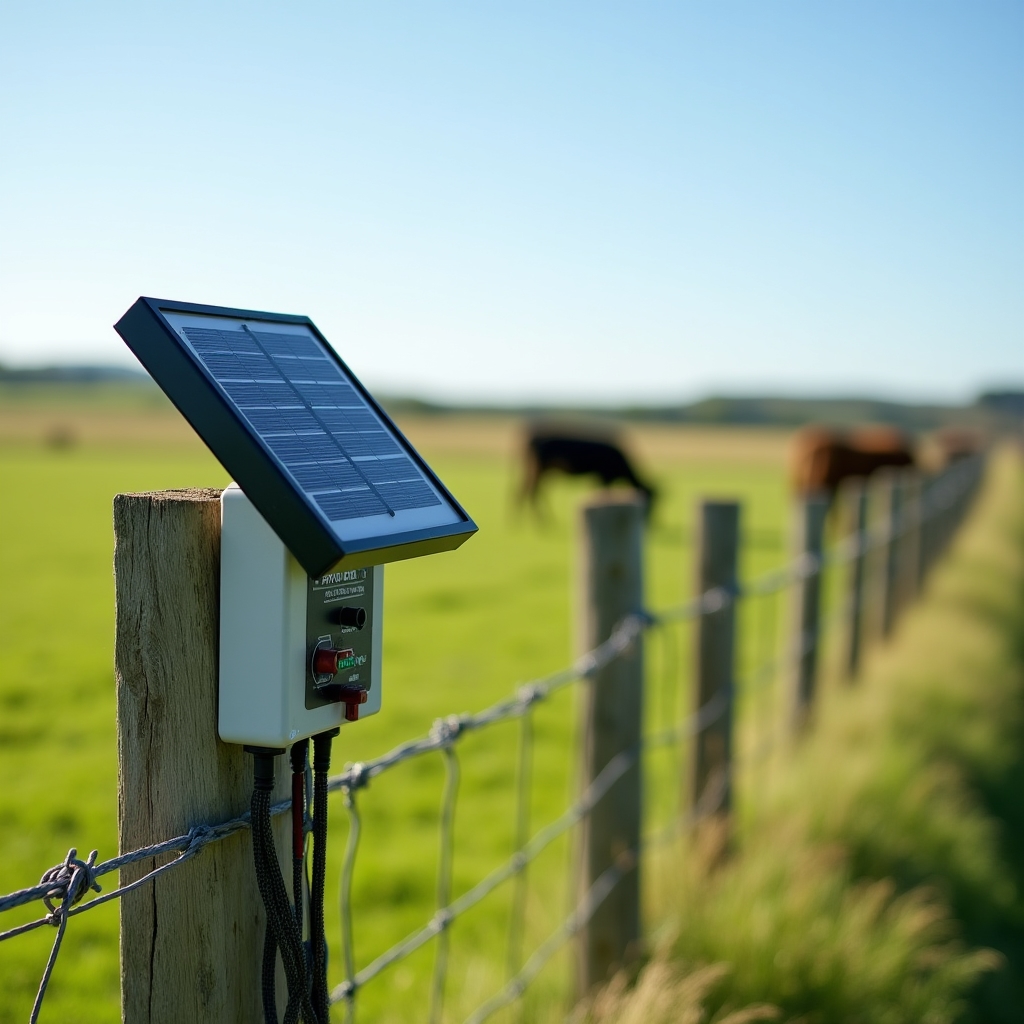 Boyero eléctrico con panel solar dividiendo un potrero con hilo conductor